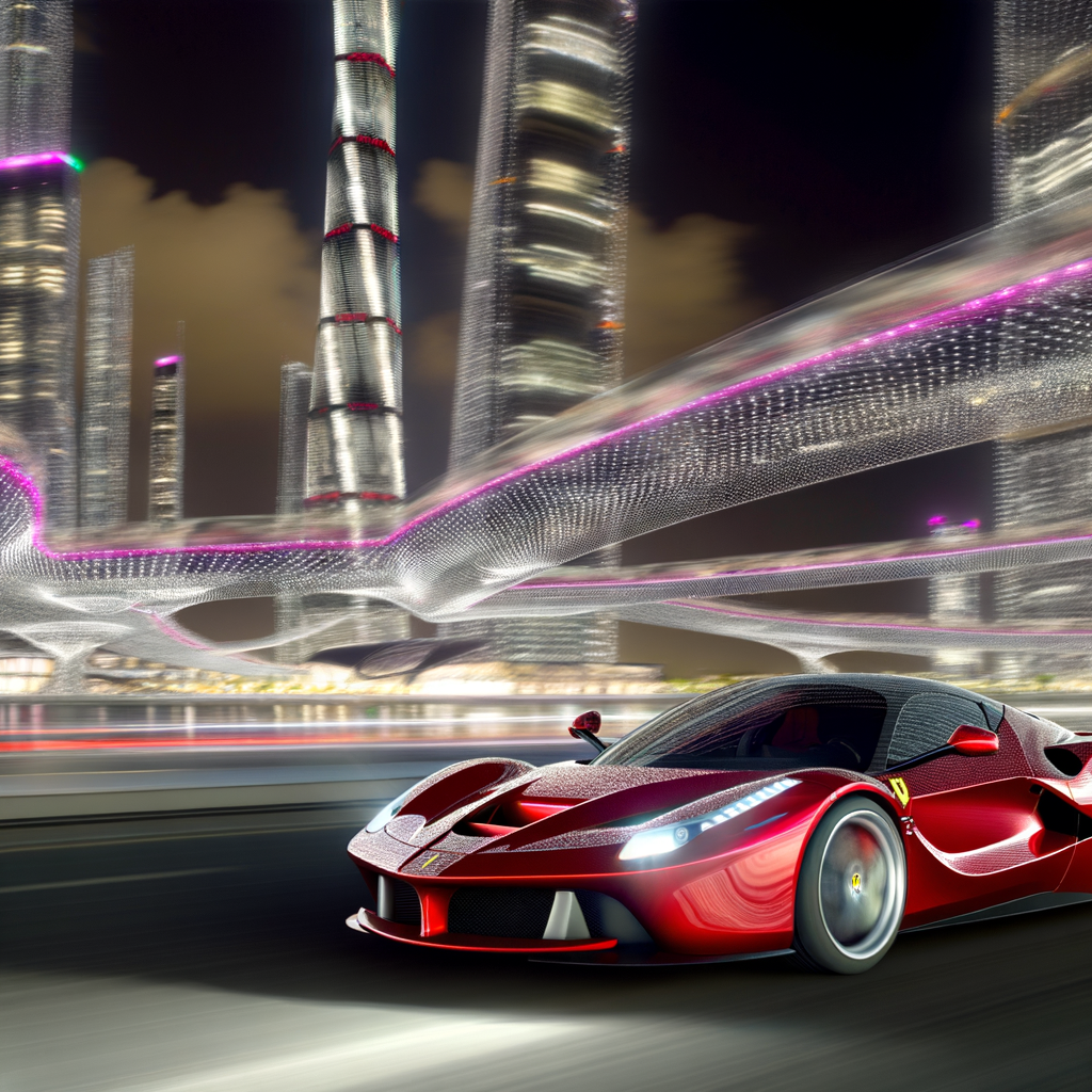 Ferrari supercar glides through futuristic cityscape.