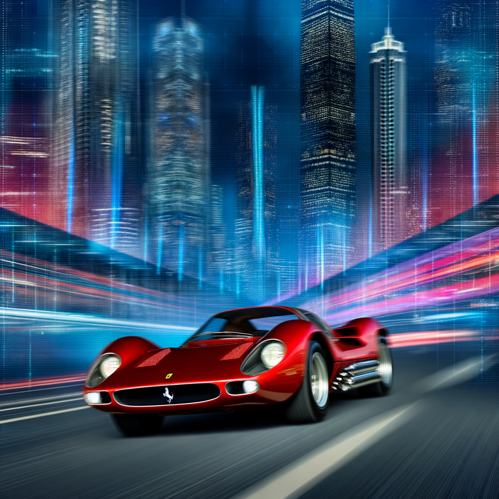 Ferrari supercar gliding through futuristic city.