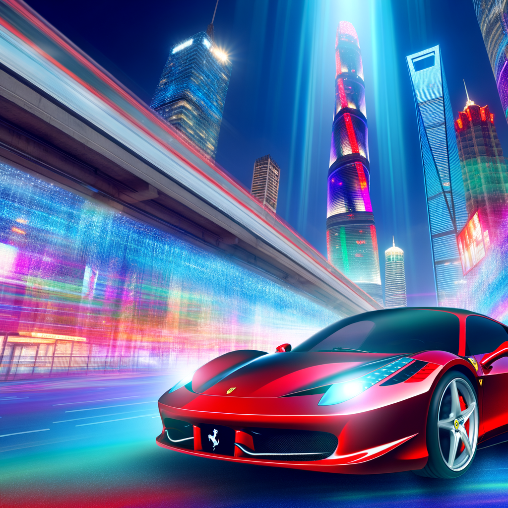 Ferrari supercar gliding through futuristic cityscape.