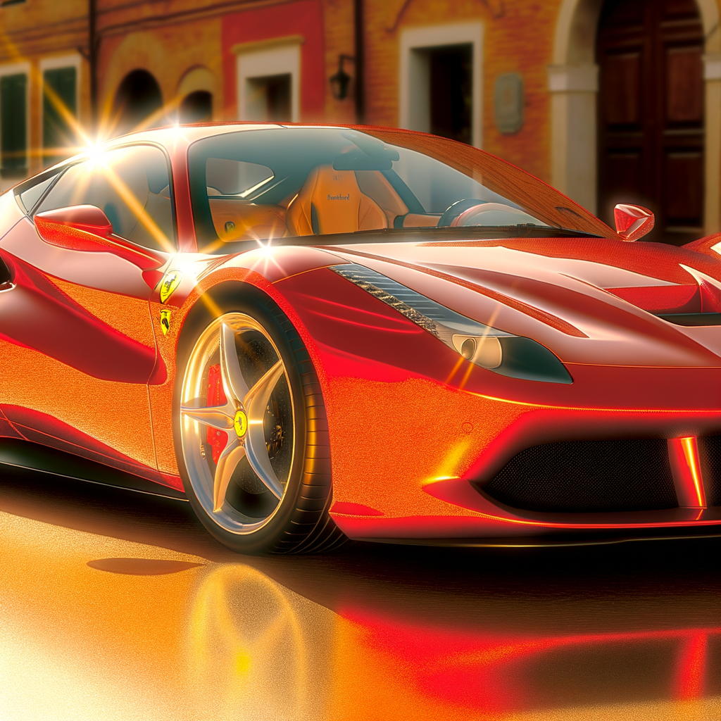 Ferrari supercar glistening under Maranello's sun.