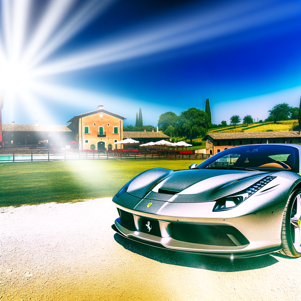 Ferrari supercar glistening under Maranello sun.