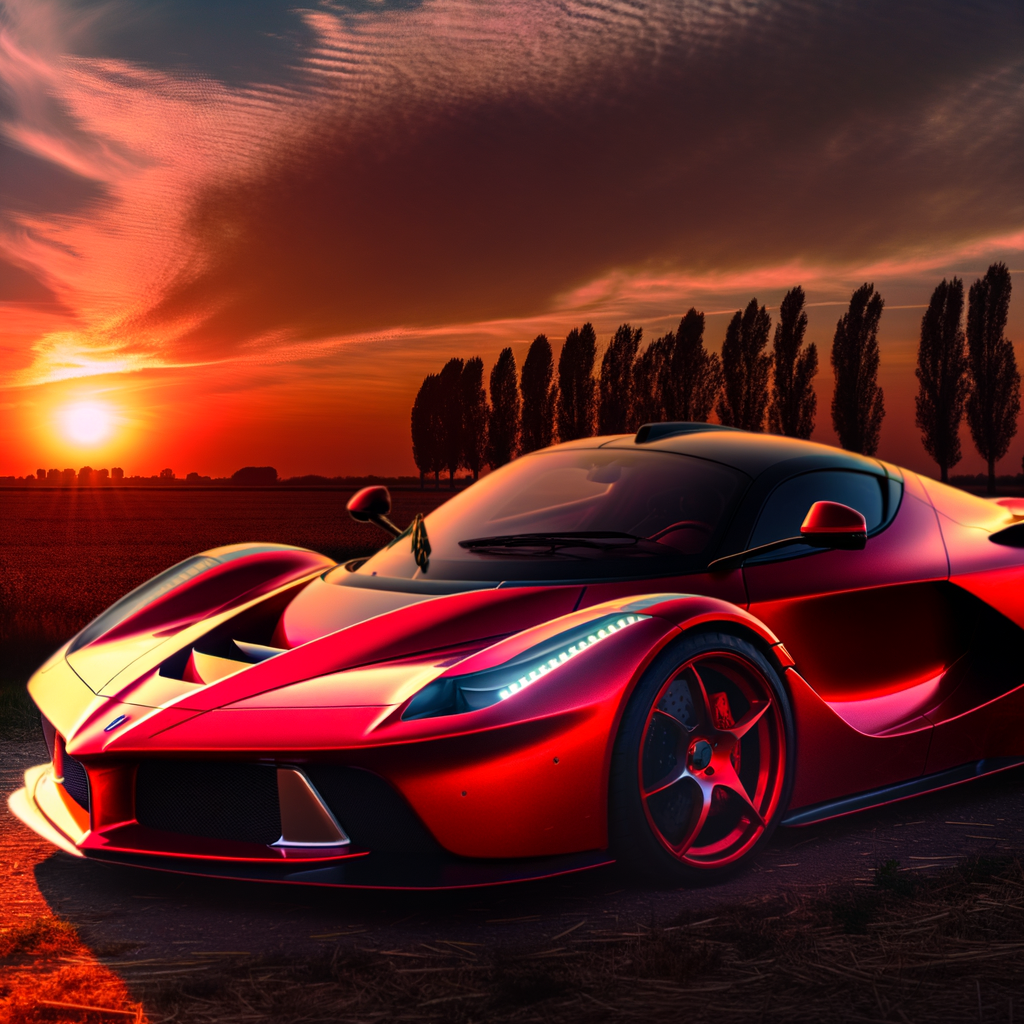 Ferrari supercar glistening under sunset glow.