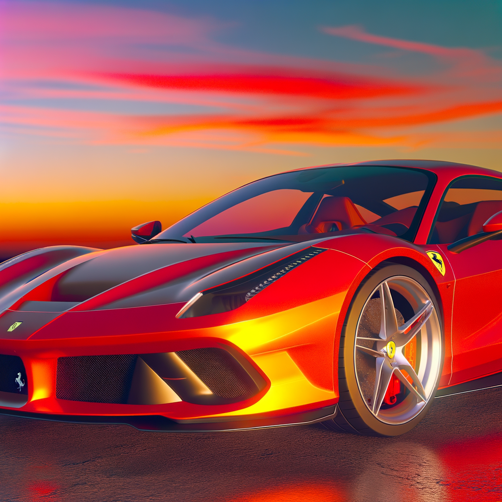 Ferrari supercar glistening under sunset hues.