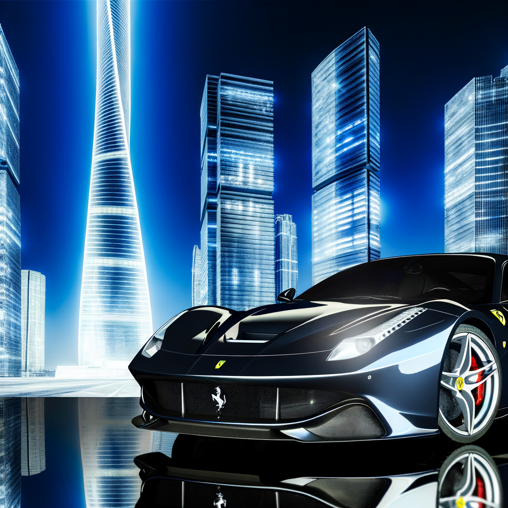 Ferrari supercar glistens under futuristic cityscape.