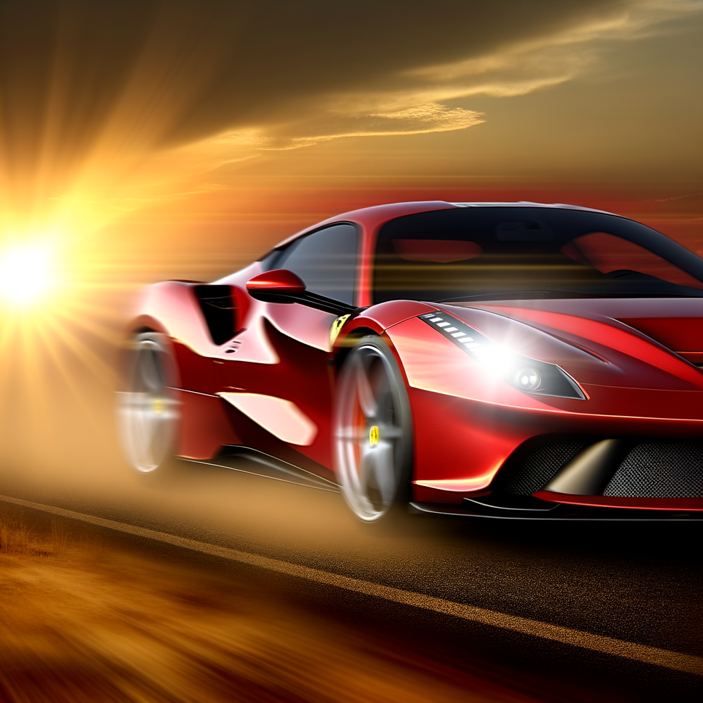 Ferrari supercar in motion under sunset.