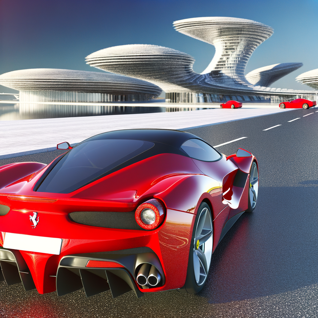 Ferrari supercar on futuristic Italian road.