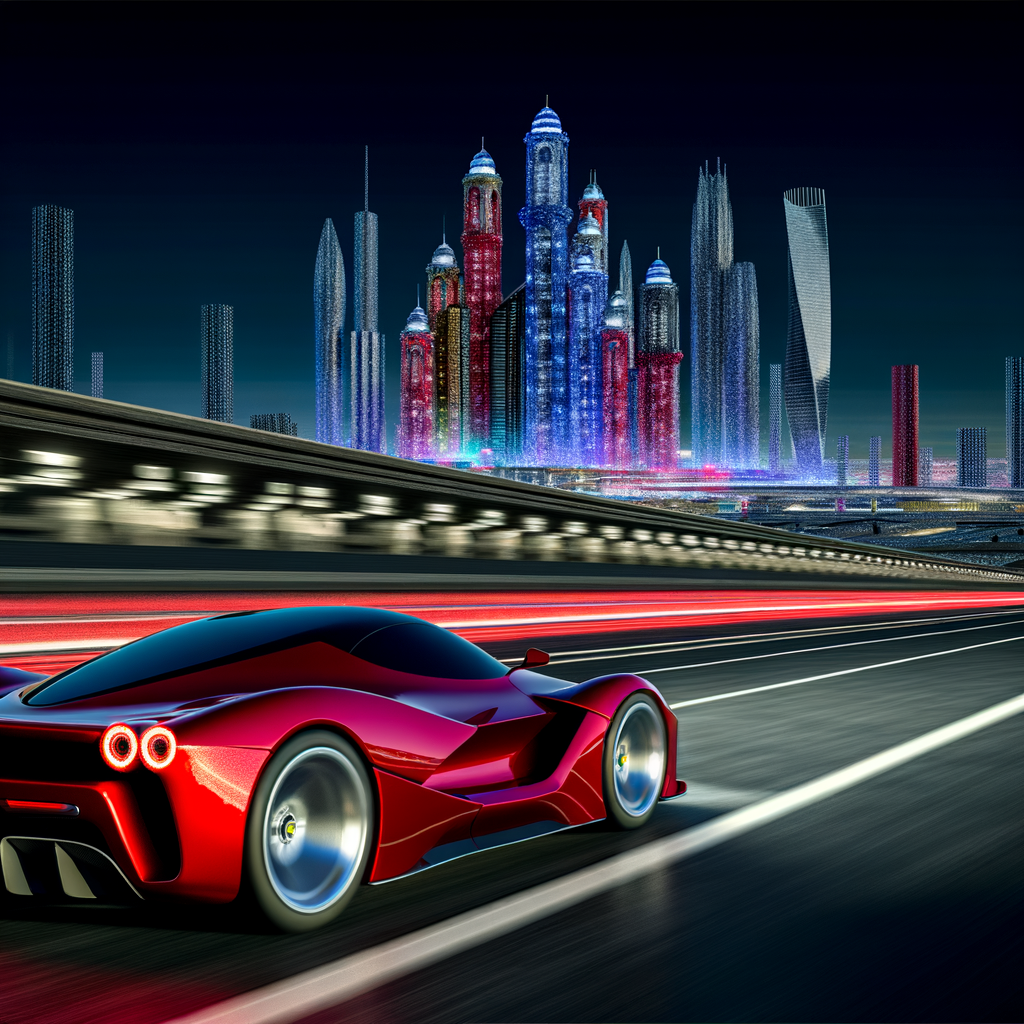 Ferrari supercar speeding through futuristic cityscape.