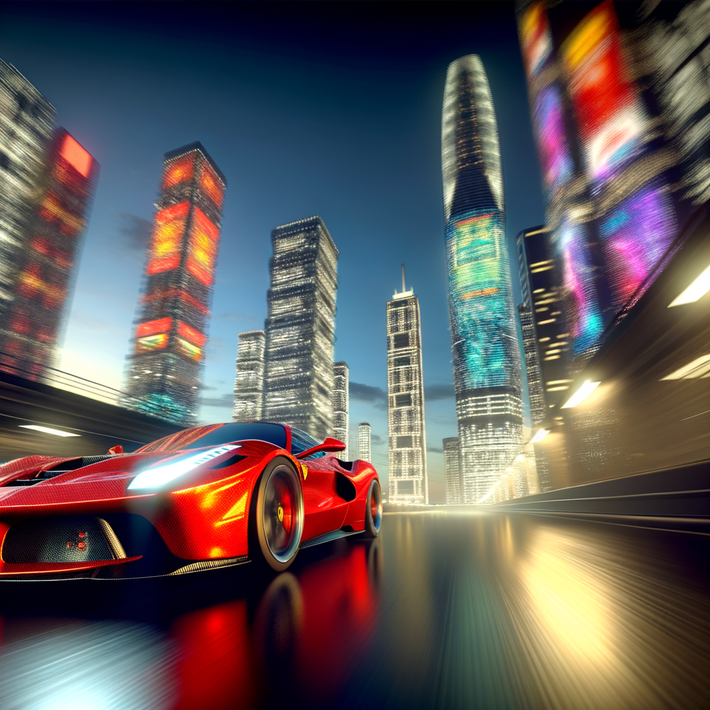 Ferrari supercar speeding through futuristic cityscape.