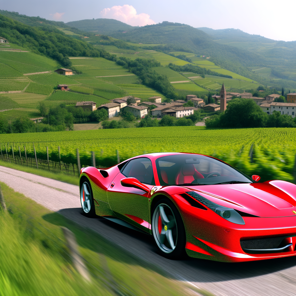 Ferrari supercar speeding through Italian countryside.