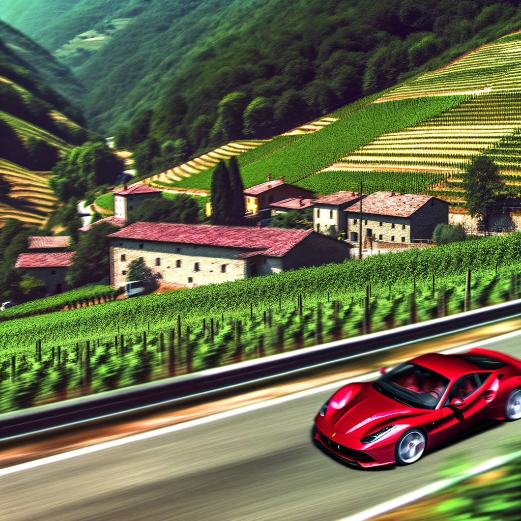 Ferrari supercar speeding through Italian countryside.