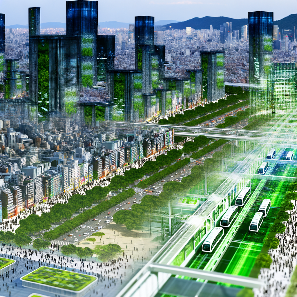 Future cityscape, green transport, connected technology.