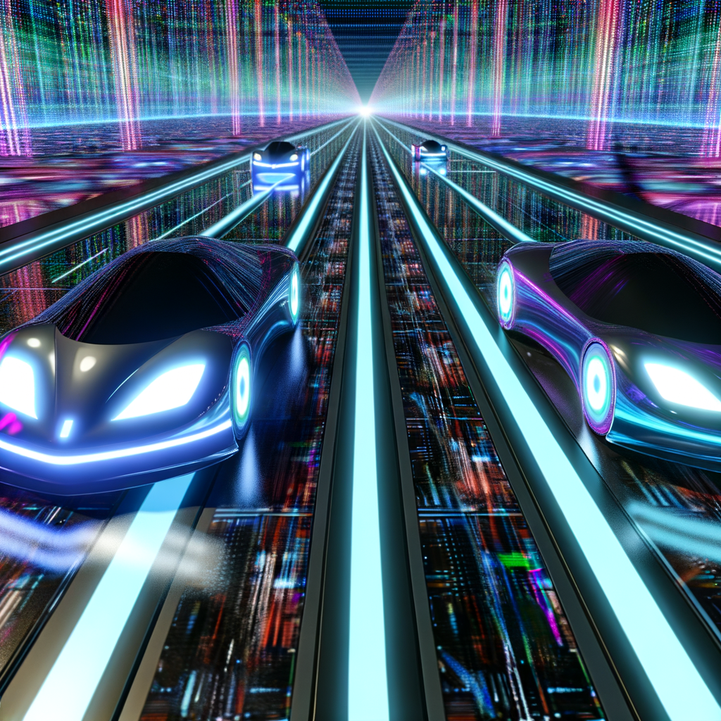 Futuristic cars align on a digital highway.