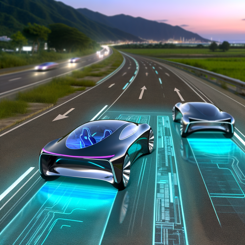 Futuristic cars driving on technology road.