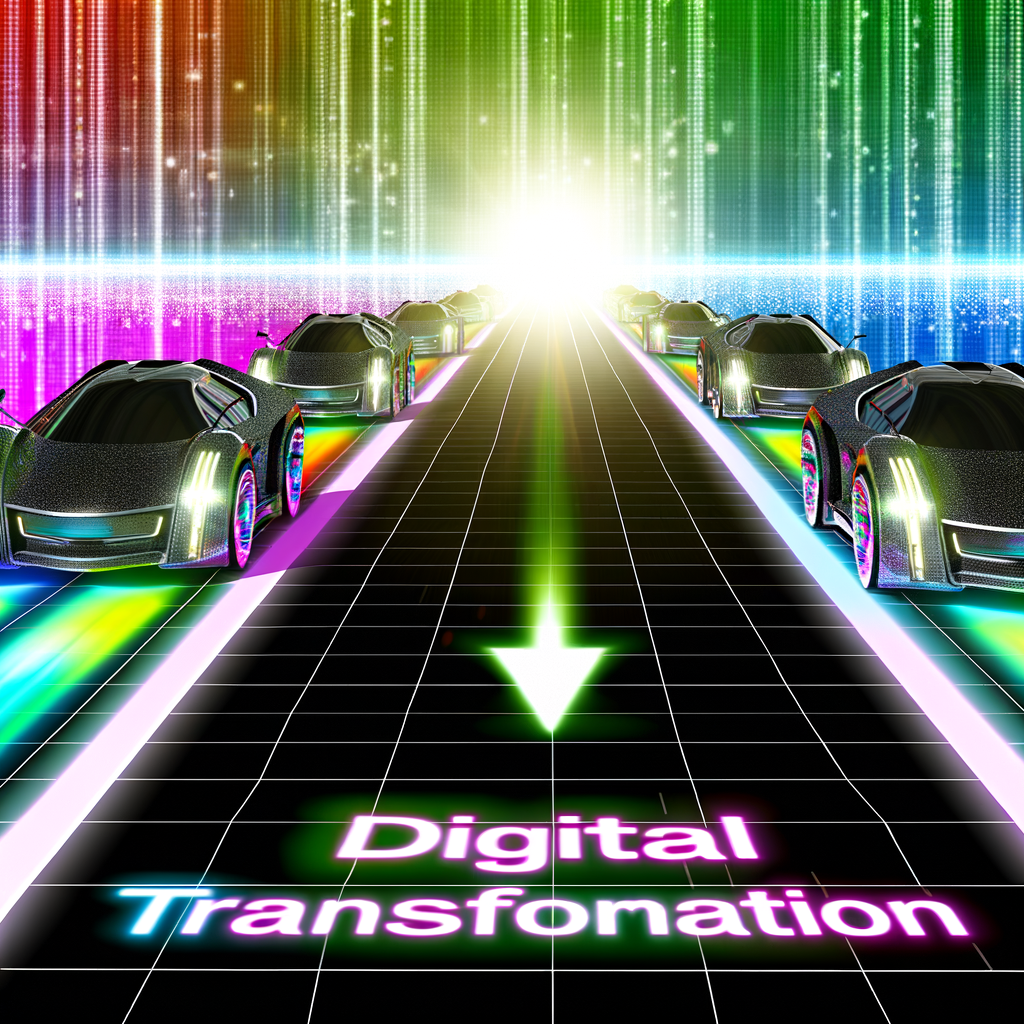 Futuristic cars navigating digital transformation road.