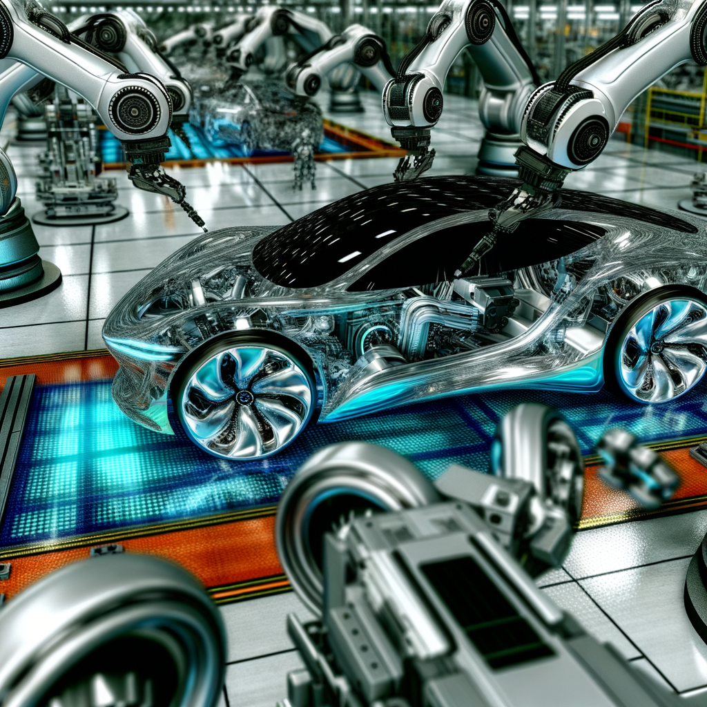 Futuristic cars on assembly line, innovation shines.