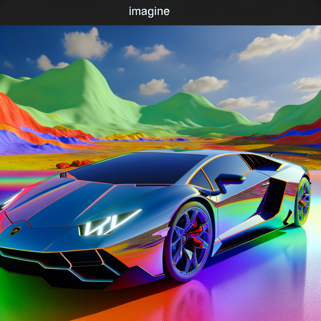 Futuristic Lamborghini supercar amidst vibrant landscape.