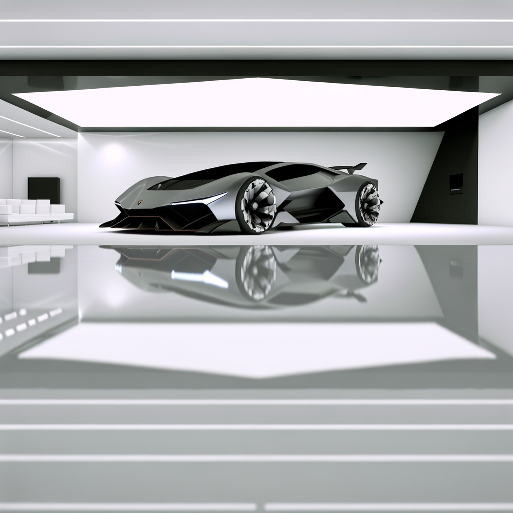 Futuristic Lamborghini supercar in sleek showroom.