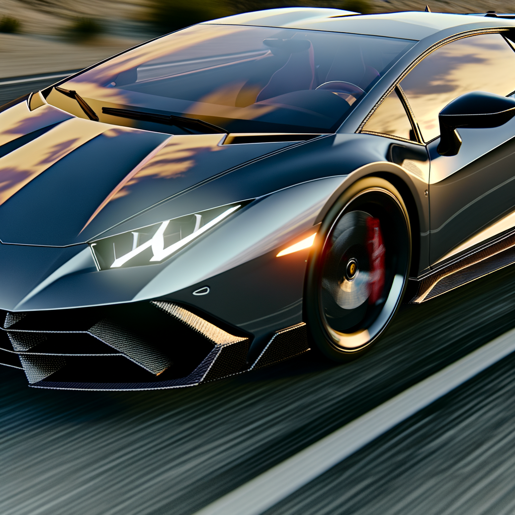 Lamborghini supercar accelerating on scenic highway.