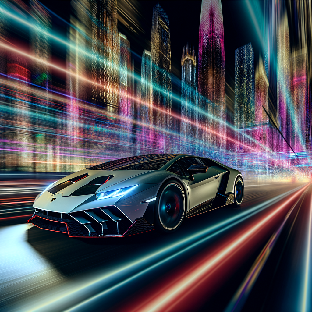 Lamborghini supercar races through futuristic cityscape.