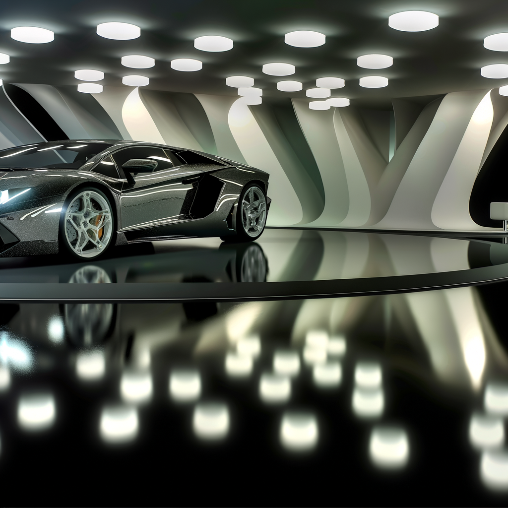 Lamborghini supercar shines in futuristic showroom.