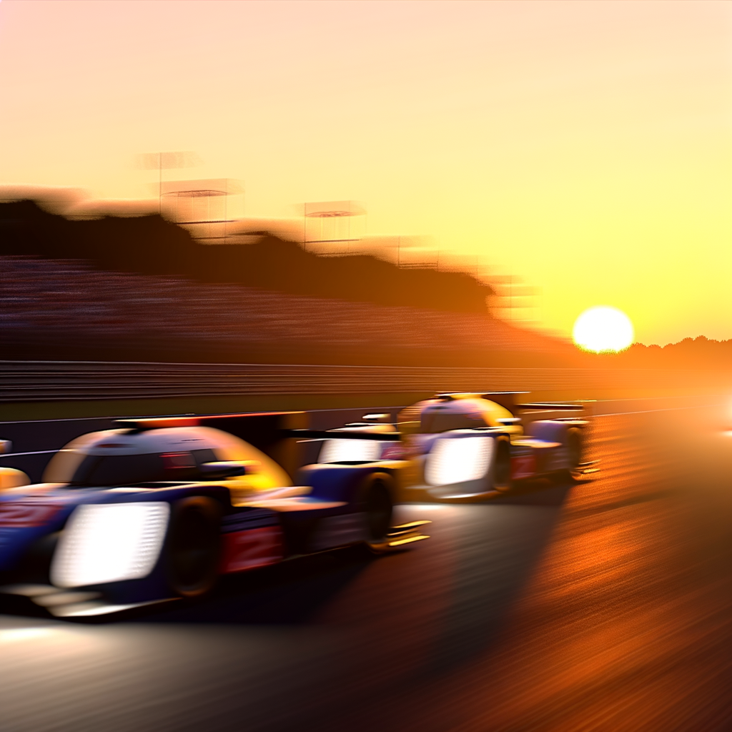 Le Mans racecars blurred at sunset.