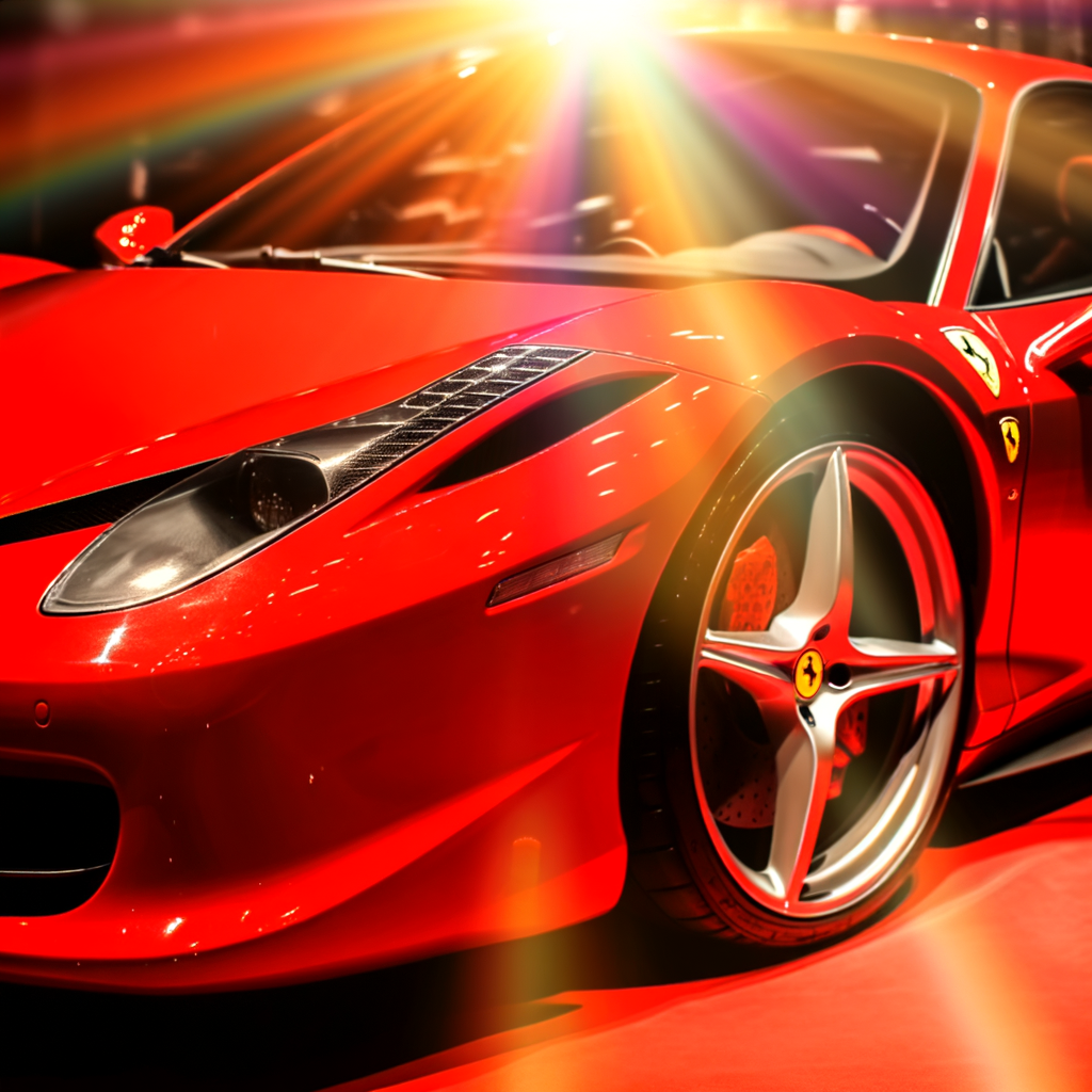 Sleek Ferrari supercar glistening under sunlight.