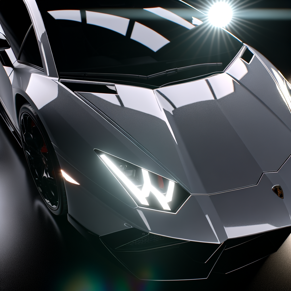 Sleek Lamborghini supercar glistening under spotlight.