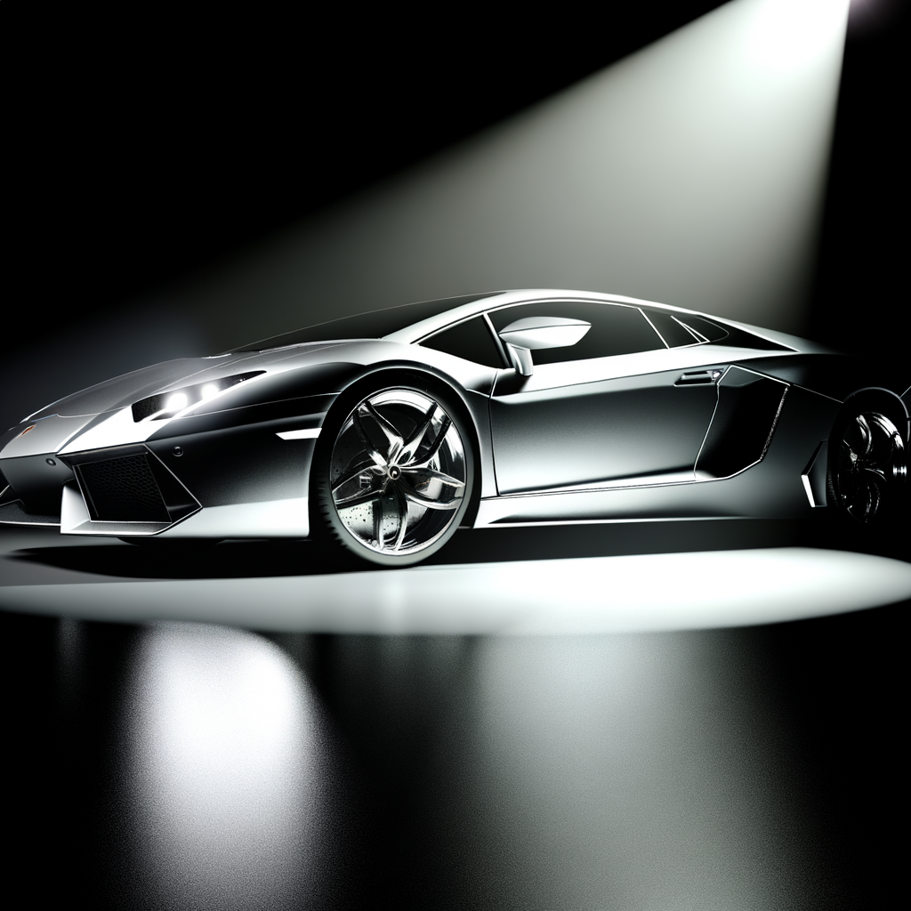 Sleek Lamborghini supercar glistening under spotlight.