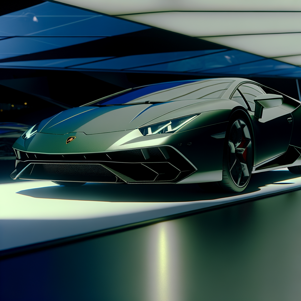 Sleek Lamborghini supercar in futuristic showroom.