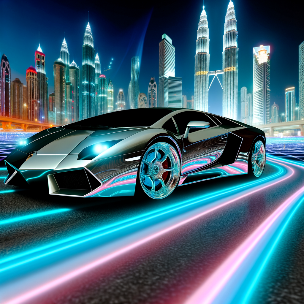 Sleek Lamborghini supercar on futuristic road.