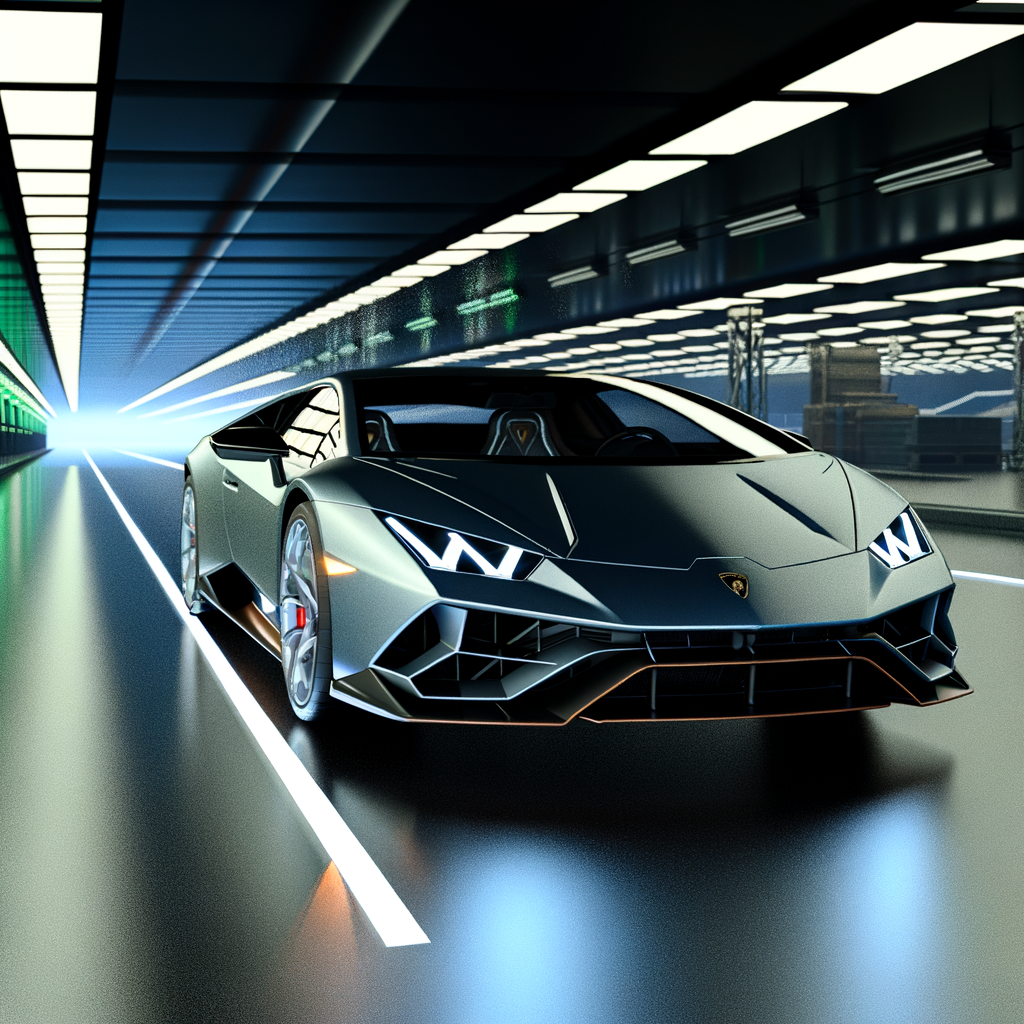 Sleek Lamborghini supercar on futuristic road.