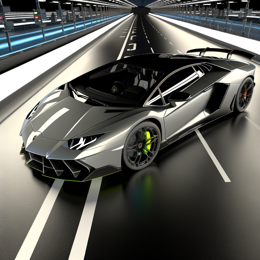 Sleek Lamborghini supercar on futuristic racetrack.