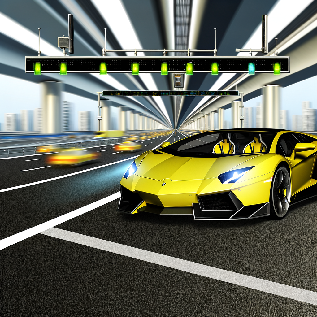 Sleek Lamborghini supercar on modern highway.