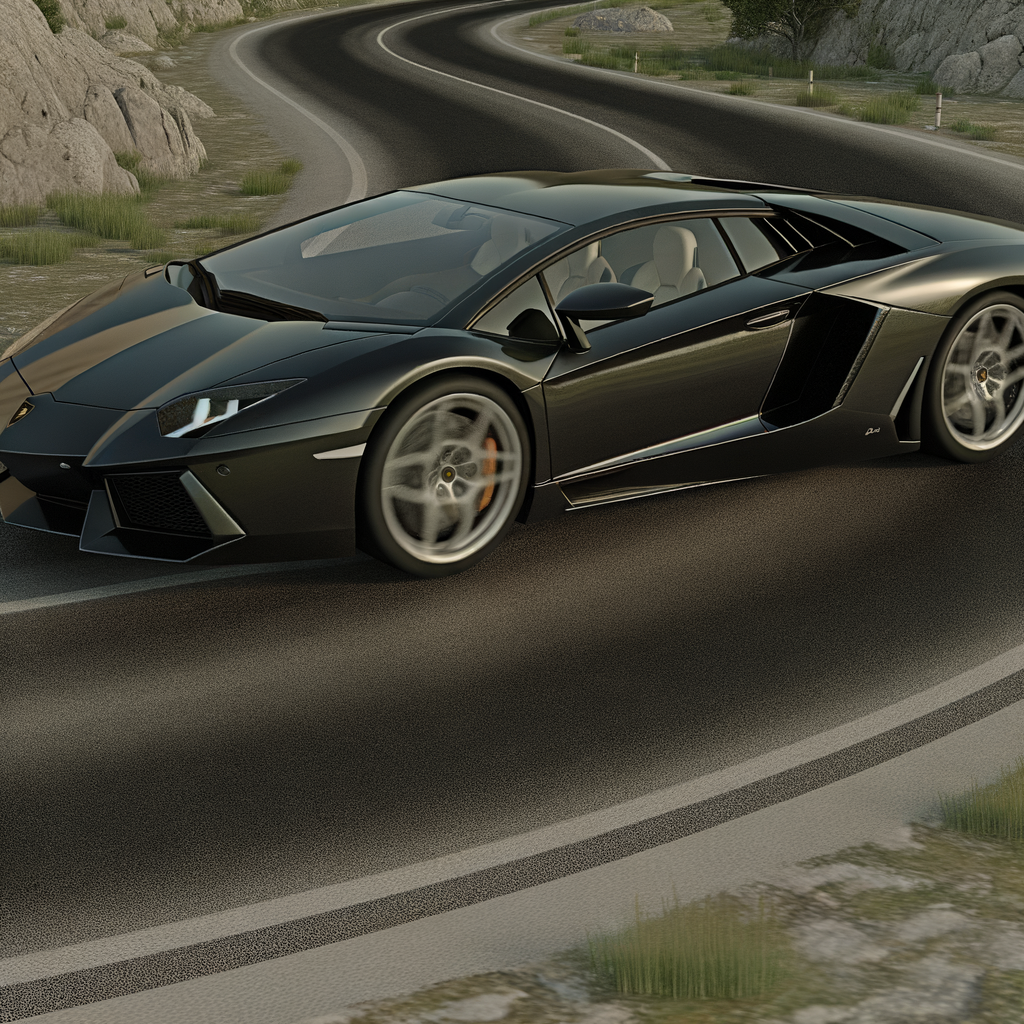 Sleek Lamborghini supercar on winding road.