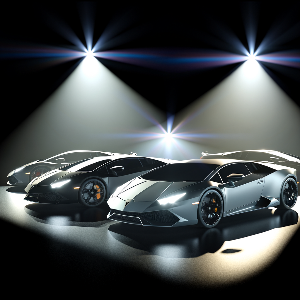 Sleek Lamborghini supercars, glistening under spotlight.