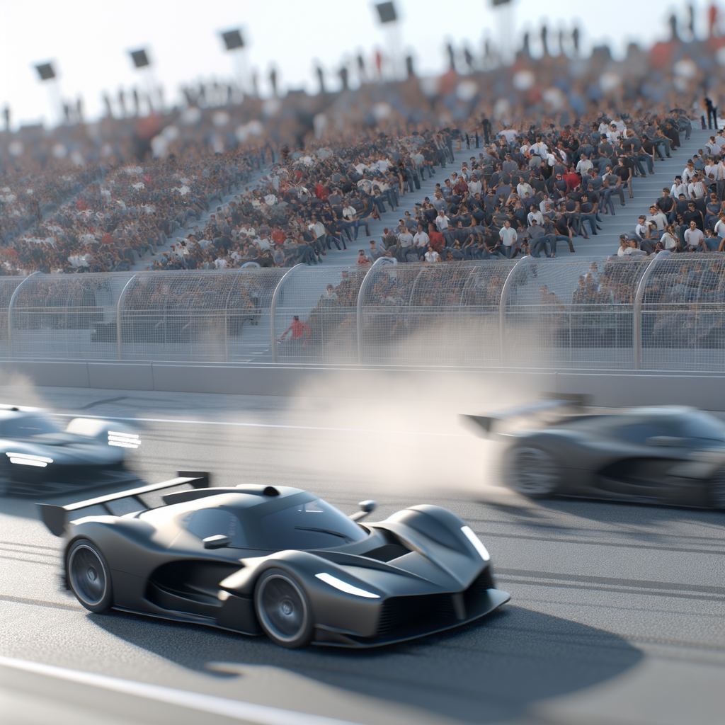 Thrilling racecars blur past, capturing adrenaline.