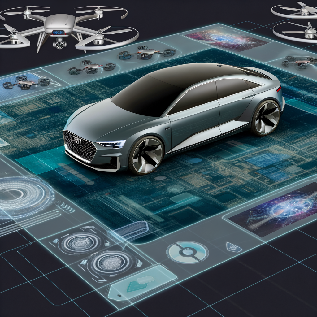 Audi's futuristic car surrounded by innovations.