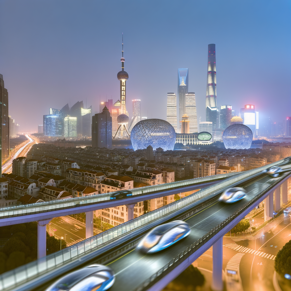 Electric cars dominate futuristic Shanghai skyline.