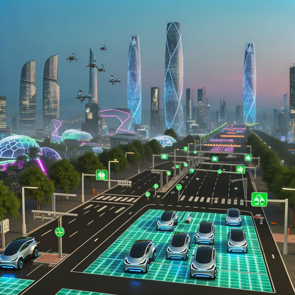 Electric cars merge in futuristic Chinese cityscape.