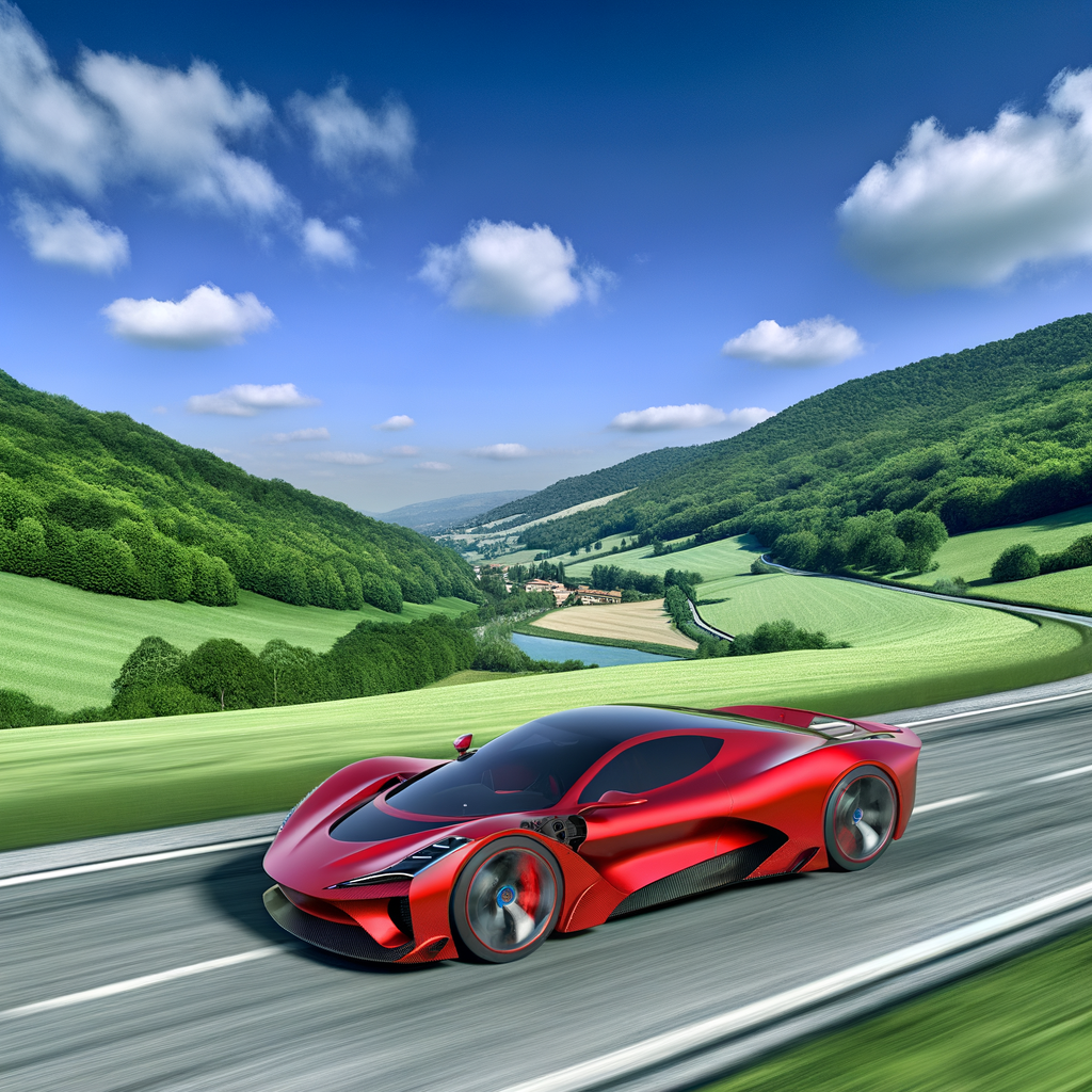 Ferrari hybrid supercar speeding through picturesque landscape.