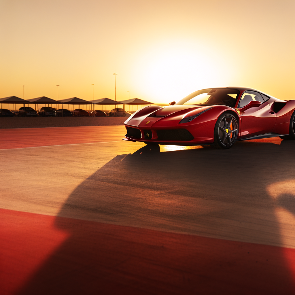 Ferrari supercar at sunset, sleek elegance.