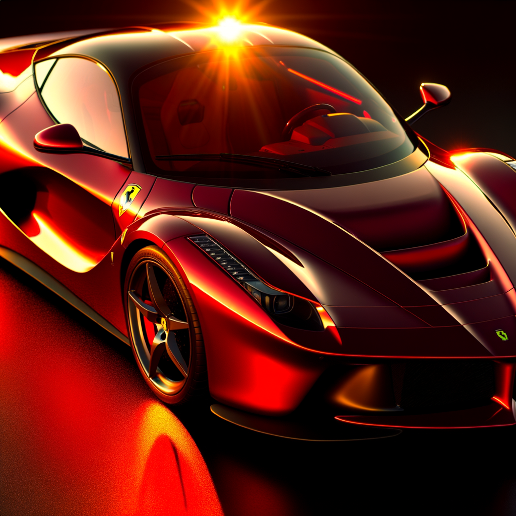 Ferrari supercar gleams in sunset light.