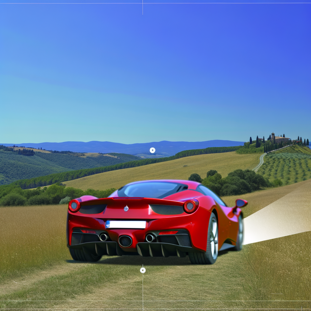 Ferrari supercar gliding through Tuscan landscape.