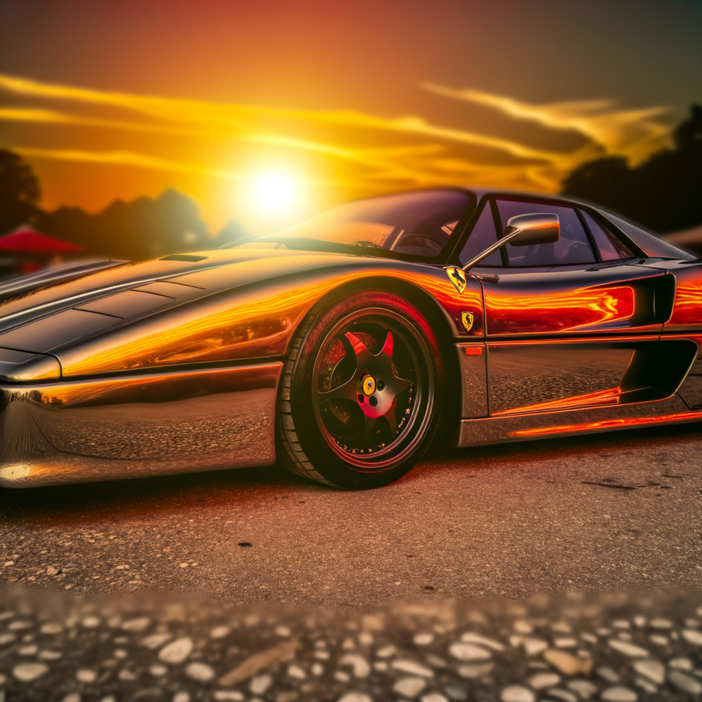 Ferrari supercar glistening under sunset glow.