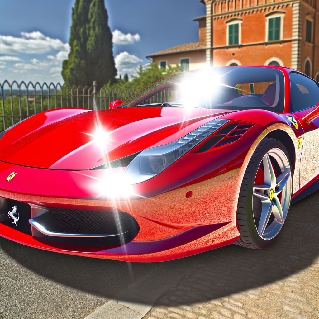 Ferrari supercar glistens under Italian sunlight.