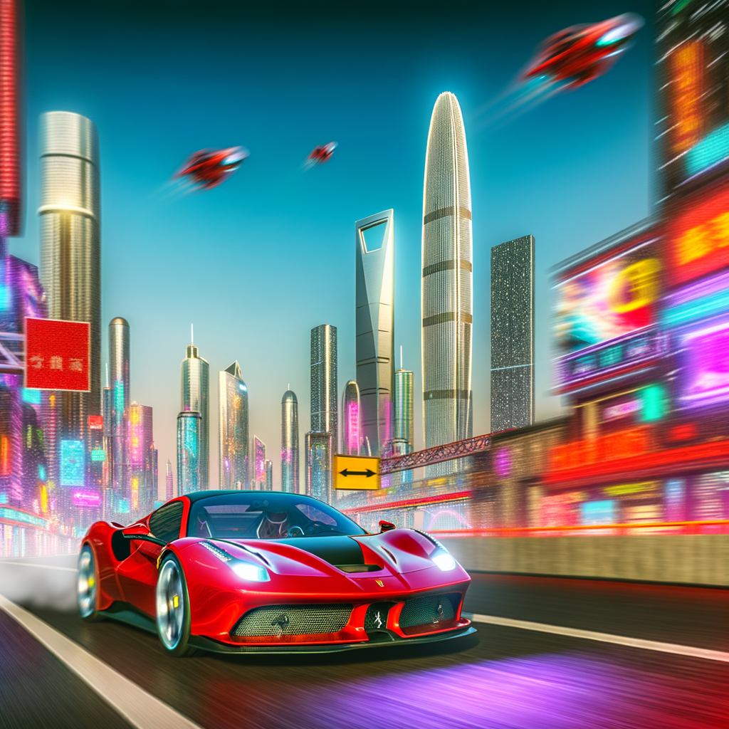 Ferrari supercar racing through futuristic cityscape.