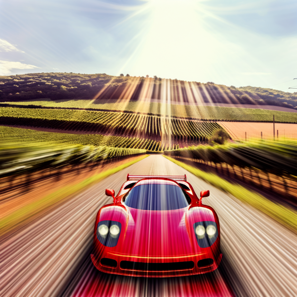 Ferrari supercar speeding through Italian countryside.