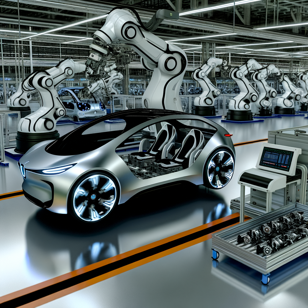 Futuristic cars assembling in a high-tech factory.