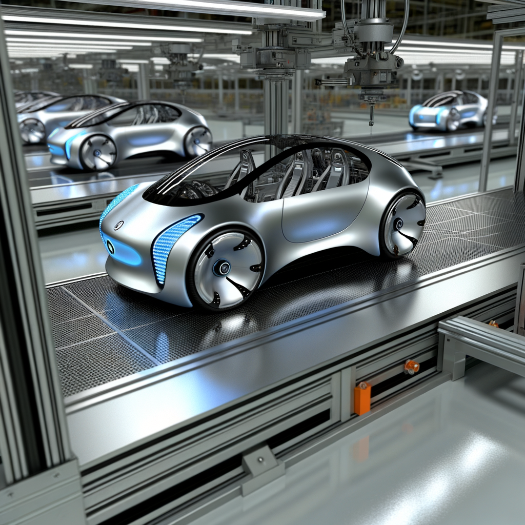 Futuristic cars rolling off a high-tech assembly line.