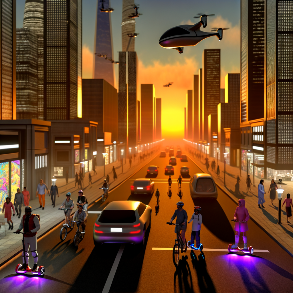 Futuristic cityscape with diverse mobility options.